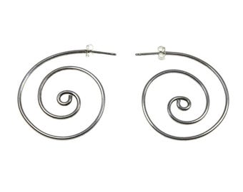 Pendientes vintage de plata de ley en espiral, aros con forma de espiral, modernistas, espirales grandes, plata sencilla
