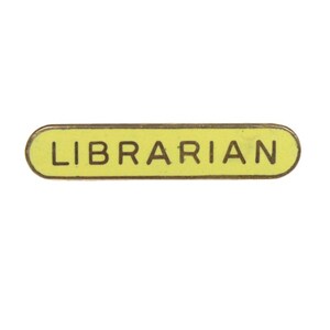 May include: A rectangular pin with rounded edges, displaying the word "LIBRARIAN" in dark brown capital letters on a light yellow background. The pin has a thin, dark brown border.