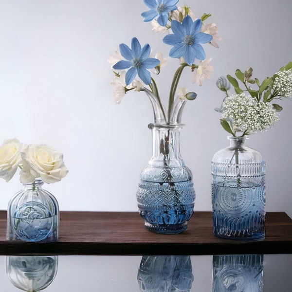 Blue Bud Vase Glass Set for Wedding Antique Bud Vase Set Mini Bud Vase for Baby Shower Decor Vintage Vase Set Boho Bud Vase Single Vase