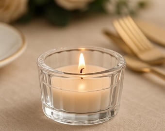 Bougeoirs pour bougie chauffe-plat en verre transparent nervuré • Verres épais pour bougies chauffe-plat • Décoration de table de mariage • Centres de table glamour modernes • Bougeoirs pour bougie chauffe-plat