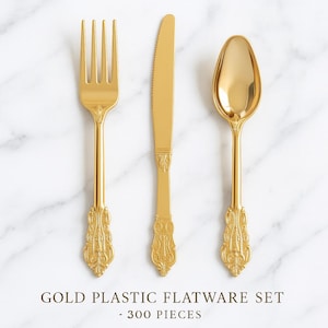 Gold Plastic Flatware Set – 300 Piece Disposable Silverware for Weddings & Parties – Modern Glam Gold Cutlery Set – Elegant Baroque Style