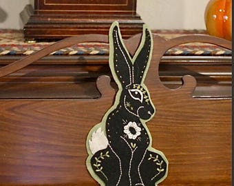 Whimsical Folk Art Black Rabbit (Embroidered)