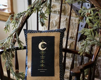 Embroidered Pine Tree Pillow with Moon and Stars