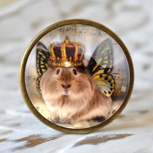 Könnte beinhalten: Ein runder, messingfarbener Knopf mit einem Glaseinsatz, der ein Meerschweinchen mit einer goldenen Krone und Schmetterlingsflügeln zeigt. Der Hintergrund ist ein altes Notenblatt.