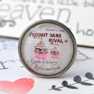 Könnte beinhalten: Ein runder silberfarbener Anhänger mit weißem Hintergrund und einer Vintage-Illustration von zwei Cupcakes mit rosa Zuckerguss und Schokoladenstreuseln. Der Text auf dem Anhänger lautet "Fondée en 1739, Produit Sans Rival, Goutez & Comparez, Qualité Sans Rivale".