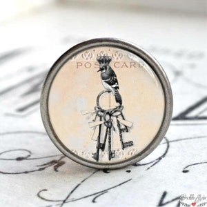 Könnte beinhalten: Ein runder, silberfarbener Knopf mit einem Vintage-Postkarten-Design, das einen Blauhäher zeigt, der auf einem Schlüsselbund sitzt. Die Postkarte trägt die Aufschrift "POST CARD".