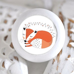 Könnte beinhalten: Weißer Keramik-Knopf mit einer runden Illustration eines orangefarbenen Fuchses. Der Fuchs ist zusammengerollt, hat die Augen geschlossen und eine herzförmige Nase. Der Fuchs ist von einem Weinstock mit kleinen roten Blüten umgeben.