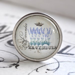 Könnte beinhalten: Ein silberner Knopf mit einer Glasoberfläche, die eine Vintage-Illustration von Lavendelblüten und den Text "Lavender" und "Lavendula" zeigt.