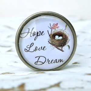 Könnte beinhalten: Ein runder, silberfarbener Knopf mit weißem Hintergrund und einem Vogelnest mit zwei Eiern. Der Text "Hope Love Dream" ist in Kursivschrift auf dem Knopf geschrieben.