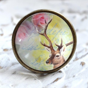 Könnte beinhalten: Ein runder, messingfarbener Knopf mit einem Glaseinsatz, der eine Aquarellillustration eines Hirsches mit Geweih und rosa Rosen auf gelbem Hintergrund mit blauer und weißer Schrift zeigt.