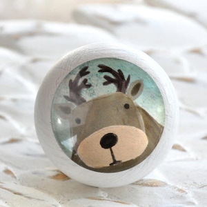 Könnte beinhalten: Weißer Holz-Knopf mit einem runden, klaren Glaseinsatz, der eine Cartoon-Illustration eines braunen Rentiers mit Geweih vor einem blauen und weißen Hintergrund zeigt.