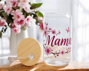 Mama glass with lid and straw cherry blossoms, Mother's Day gift, gift for mom, glass cup, glass, bamboo