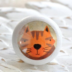 Könnte beinhalten: Runder weißer Holz-Knopf mit einer durchsichtigen Plastikabdeckung, die ein Cartoon-Katzen-Gesicht in Orange und Braun zeigt.