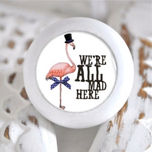 Könnte beinhalten: Weißer runder Knopf mit einem rosa Flamingo, der einen Zylinder und eine blaue und weiße gepunktete Schleife trägt. Der Knopf hat einen weißen Hintergrund mit schwarzem Text, der "We're All Mad Here." lautet.