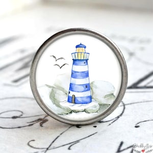 Möbelknauf maritim Leuchtturm blau weiß aus Zinn altsilber - nautischer Möbelknopf im Küstenstil für Schrank, Kommode, Küche & Bad