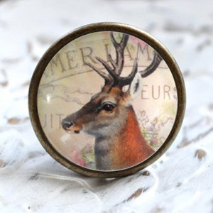 Könnte beinhalten: Ein vintage-artiger Schrank-Knopf mit Bronze-Finish. Der Knopf hat einen runden Glaseinsatz mit einem gedruckten Bild eines Hirsches mit Geweih. Der Text "MERIAM" und "EUR" ist auf dem Glaseinsatz sichtbar.