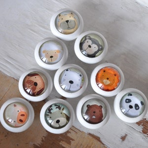 Könnte beinhalten: Zehn weiße Keramikknöpfe mit verschiedenen Tiergesichtern auf der Vorderseite. Die Tiere sind eine Katze, ein Schaf, ein Affe, ein Eisbär, ein Löwe, ein Hund, ein Hirsch, ein Biber, ein Panda und ein Schwein.