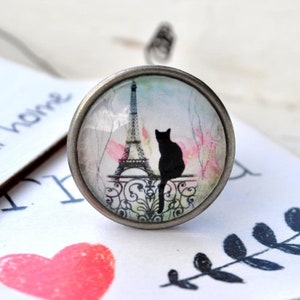 Könnte beinhalten: Ein silberner Ring mit einem Glascabochon, der eine schwarze Silhouette einer Katze zeigt, die auf einem Geländer vor dem Eiffelturm sitzt. Der Hintergrund ist ein Aquarellbild eines hellblauen Himmels mit rosa Wolken.