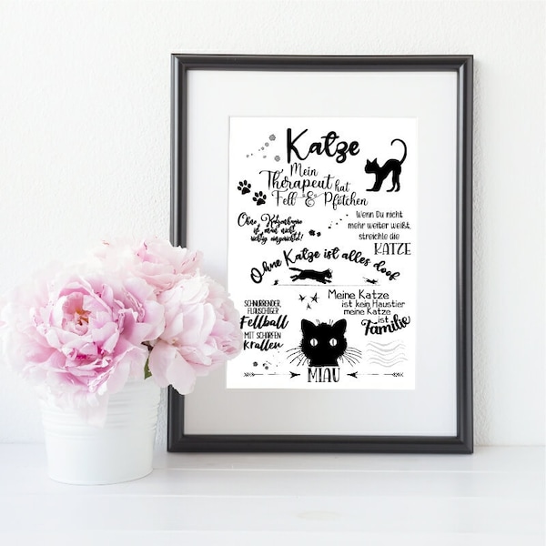 Kunstdruck Katze Wortcollage DINA4 - Geschenkidee für Katzenliebhaber