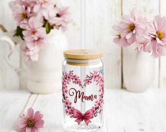 Mama glass with lid and straw cherry blossom heart, Mother's Day gift, gift for mom, glass cup with lid, bamboo