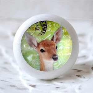 Könnte beinhalten: Runder weißer Holz-Knopf mit einem grün-weißen Druckdesign, das ein Rehkitz mit einer Nahaufnahme seines Gesichts zeigt. Das Design enthält eine alte Briefmarke.