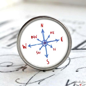 Könnte beinhalten: Ein weißer Kompass mit einer blauen und roten Kompassrose. Die Kompasspunkte sind mit den Himmelsrichtungen beschriftet: N, NO, O, SO, S, SW, W, NW.