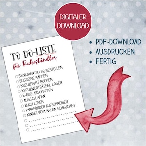 Könnte beinhalten: Eine druckbare To-Do-Liste für Rentner mit einem roten Pfeil, der auf die Liste zeigt. Die Liste enthält Punkte wie das Bestellen eines Seniorenmenüs, eine Busreise, die Buchung einer Kreuzfahrt, das Lösen von Kreuzworträtseln, die Anschaffung eines E-Bikes, Ausschlafen, Lesen eines Buches, das Aufschreiben von Parksündern und das Verscheuchen von Kindern vom Rasen.