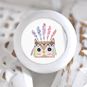 Könnte beinhalten: Weißer Keramik-Knopf mit einer bunten Cartoon-Eule, die einen Kopfschmuck aus Federn trägt. Die Eule hat braunes Fell, schwarze Augen und einen gelben Schnabel.