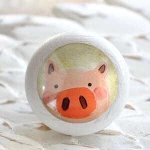 Könnte beinhalten: Weißer Holz-Knopf mit einem runden, klaren Glaseinsatz, der ein Cartoon-Schwein mit rosa Gesicht, orangefarbener Schnauze und schwarzen Augen zeigt. Das Schwein befindet sich auf grünem Hintergrund.