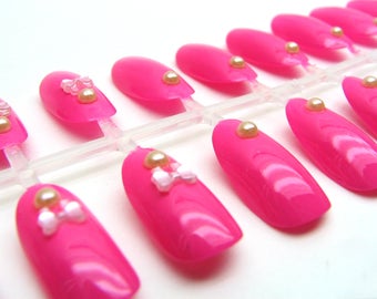 Press On Nails - False Nails - Simple Kawaii Nails - Plastic Press On Pink Nails - Pink Bow Nails - Squoval Press On Nails