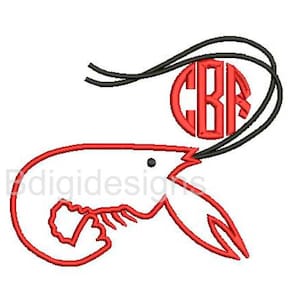 May include: Red and black embroidery design of a shrimp with a monogram in a circle. The monogram is "CBR".
