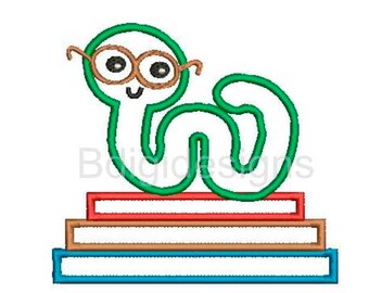 May include: A green worm with glasses is sitting on top of a stack of books. The books are red, brown, and blue.