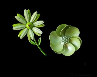 Two Lime Green Enameled Flower Brooches FREE Shipping