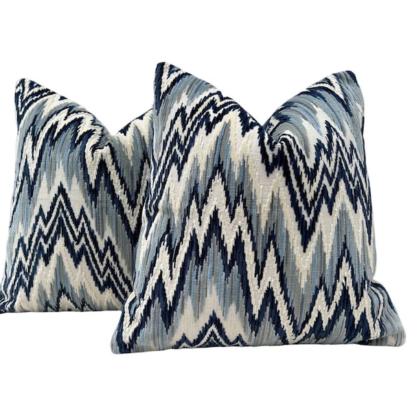 Thibaut Rhythm Velvet Pillow in Sterling and Navy. Designer Pillows // Zig Zag Velvet Pillow Covers // High End Pillows // Blue Gray Pillows