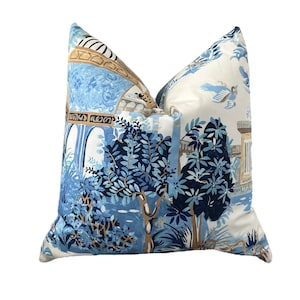 Mystic Garden Pillow in Blue and Beige. Porcelain Blue Pillow Blue Lumbar Pillow Euro Sham Pillow Designer Pillow Cover Accent Throw Cushion