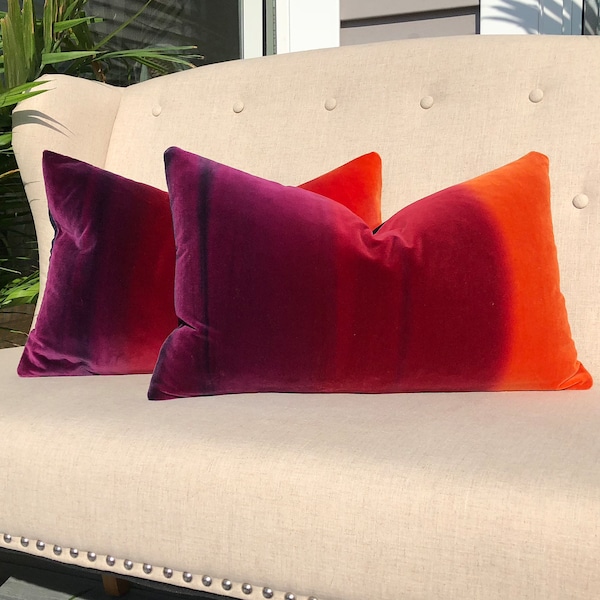 Ombre Vlevet Lumbar Pillow in Papaya, Rasberry, Purple. Modern Velvet pillow in Sunset.