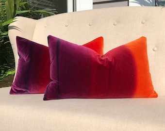 Ombre Vlevet Lumbar Pillow in Papaya, Rasberry, Purple. Modern Velvet pillow in Sunset.