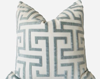 Thibaut Ming Trail Pillow in Aqua– Luxury Designer Pillows, Spa Blue Euro Sham, Round Bolster Cushion Cover, Designer Accent Pillows
