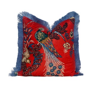 Schumacher Peacock Pillow Red, French Blue Brush Trim. Decorative Cushions, Peacock Bird Throw Pillows, Designer Accent Pillow Covers