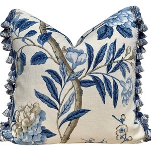 Emperors Garden Pillow, Blue Tassel Trim. Accent Decorative Pillows, Designer Cushion Covers, Chinoiserie Blue and White Floral Pillows