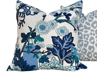 Schumacher Outdoor Chang Mai Dragon Pillow - Blue, Teal. Outdoor Chinoiserie Decorative cushion, Performance Pillows, Outdoor Decor