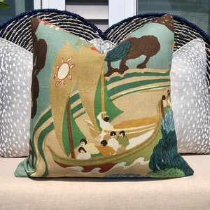 Schumacher Pearl River Linen Pillow in Jade. Designer Tan Aqua Pillow ...