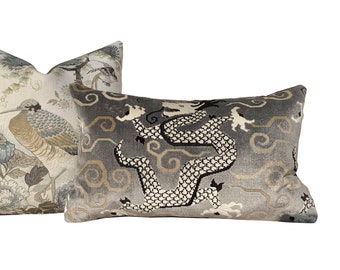 Schumacher Bixi Velvet Lumbar Pillow in Smoke. Dragon Velvet Pillow.