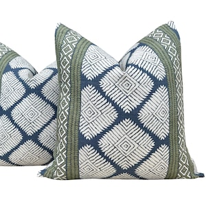 Austin Stripe Pillow in Navy Blue and Green. Designer Decorative Coastal Pillow Cover in Green Blue, Geometric Diamond Accent Pillow Cover