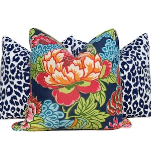 Thibaut Honshu Chinoiserie Floral Pillow in Navy Blue, Designer Decorative Pillow, High-End Accent Cushion, Luxury Pillow Cover in Blue