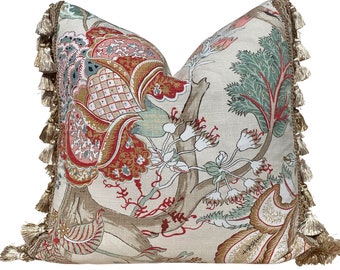 Thibaut Kalamkari Pillow, Sand Tassel Fringe. Decorative Cushion Cover, Designer Coral Pillows, Red Aqua Green Tan Accent Pillow Case