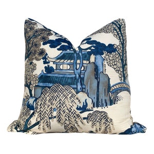Thibaut Asian Scenic Pillow in Blue, Tea House Lumbar Accent Pillow, Chinoiserie Pagoda Decor Cushion, Designer Decorative Throw Pillow