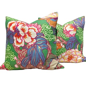 Thibaut Honshu Pillow Green. Chinoiserie Pillow Cover, Emerald Green Orange Pink Pillow Euro Sham Pillow Green and Pink Lumbar Cushion Cover