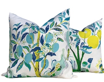 Schumacher Citrus Garden Pillow in Pool. Designer Aqua Outdoor Pillow, Josef Frank Accent Pillow, Decorative Lemon Tree Pillow Aquamarine