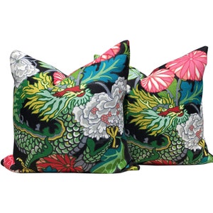 Schumacher Chang Mai Dragon Linen Pillow in Ebony. Designer Pillows, High End Pillows, Pink Green Floral Pillow, Euro Sham Cover